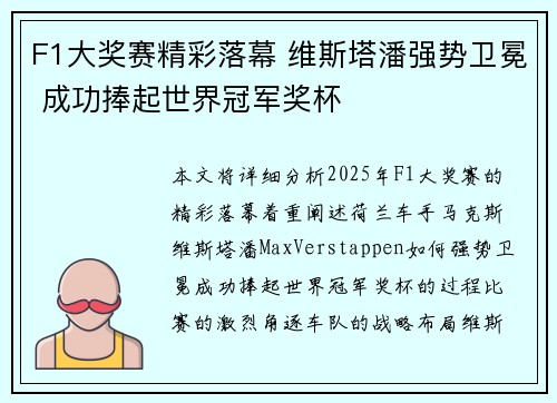 F1大奖赛精彩落幕 维斯塔潘强势卫冕 成功捧起世界冠军奖杯